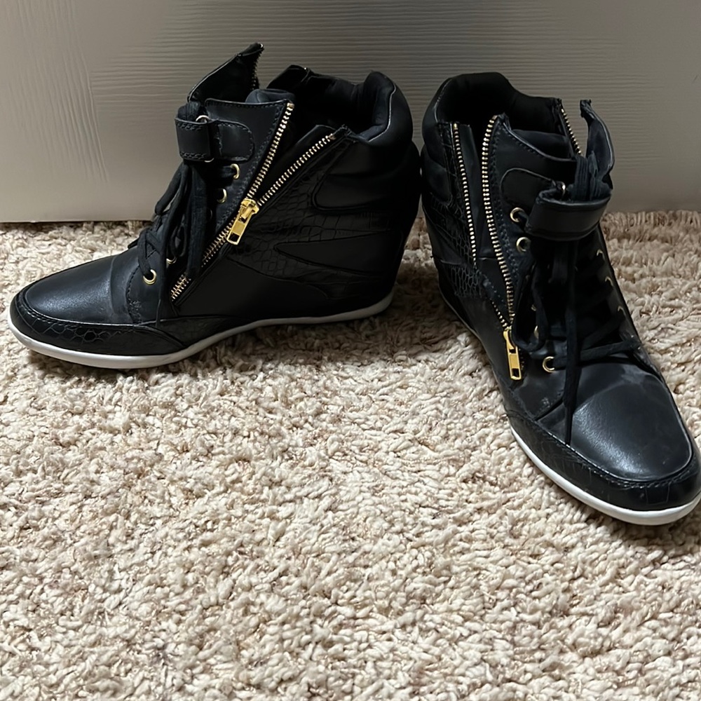 Wedge shoes black worn twice  gold accents